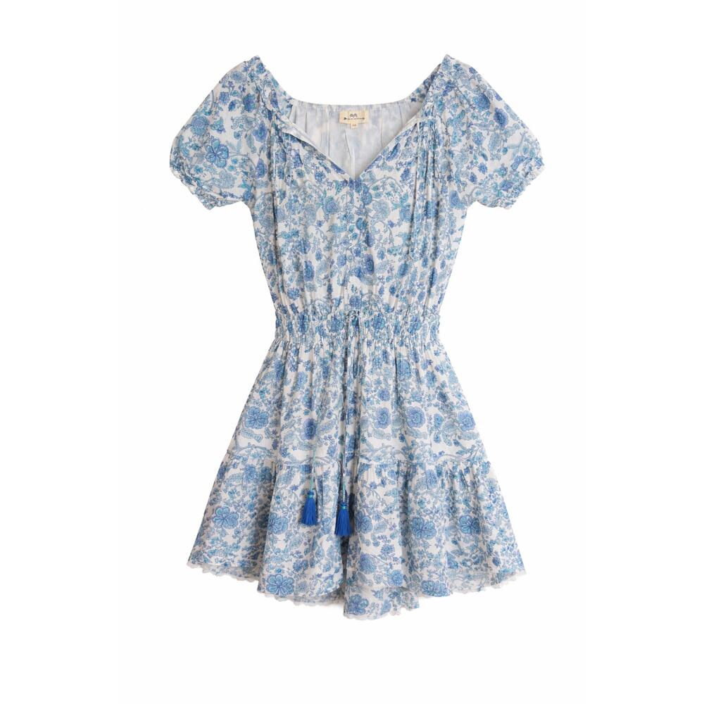 NIBI MTK Block Print Cotton Raw Hem Mini Dress Blue XS Coastal Preppy Resort